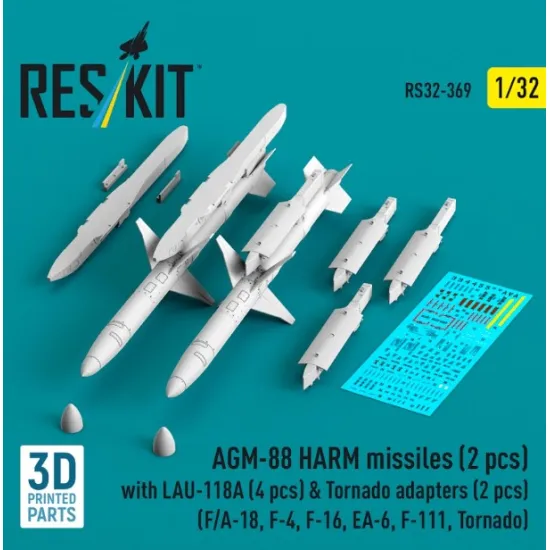 Reskit Rs32-0369 1/32 Agm-88 Harm Missiles 2 Pcs With Lau-118a 4 Pcs Tornado Adapters 2 Pcs F/A-18 F-4 F-16 Ea-6 F-111 Tornado 3d Printed