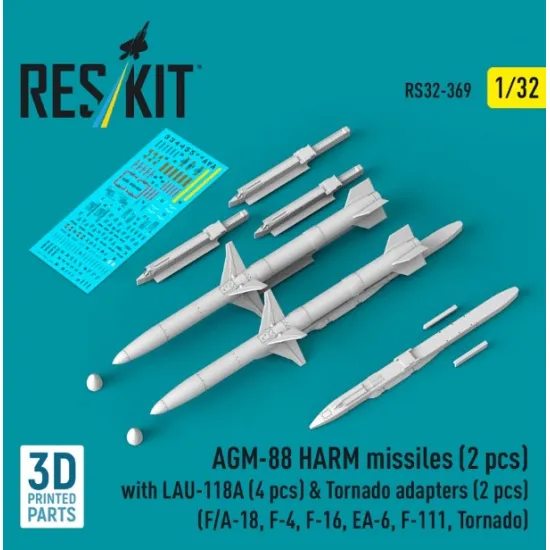 Reskit Rs32-0369 1/32 Agm-88 Harm Missiles 2 Pcs With Lau-118a 4 Pcs Tornado Adapters 2 Pcs F/A-18 F-4 F-16 Ea-6 F-111 Tornado 3d Printed