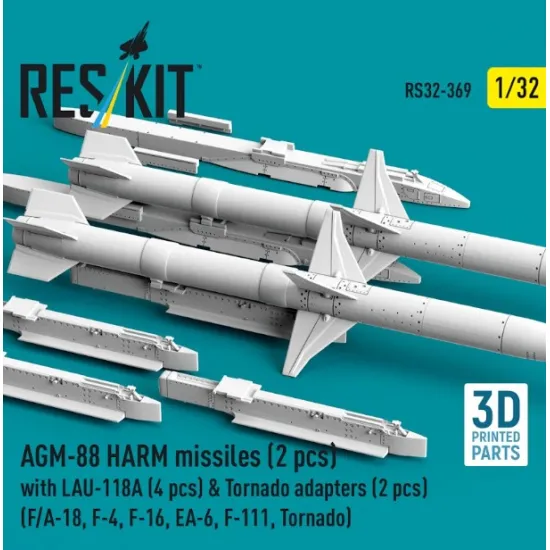 Reskit Rs32-0369 1/32 Agm-88 Harm Missiles 2 Pcs With Lau-118a 4 Pcs Tornado Adapters 2 Pcs F/A-18 F-4 F-16 Ea-6 F-111 Tornado 3d Printed