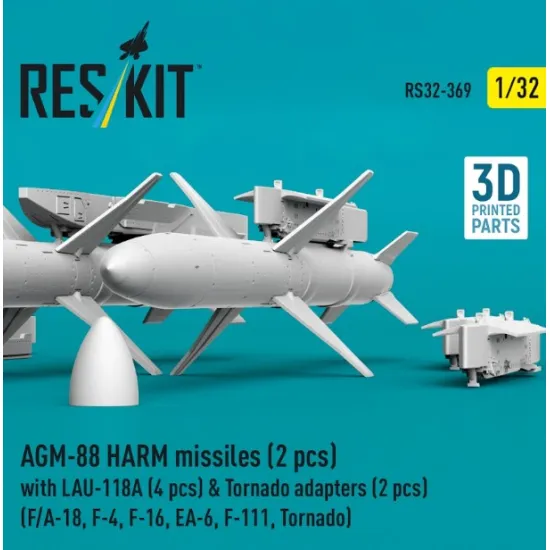 Reskit Rs32-0369 1/32 Agm-88 Harm Missiles 2 Pcs With Lau-118a 4 Pcs Tornado Adapters 2 Pcs F/A-18 F-4 F-16 Ea-6 F-111 Tornado 3d Printed
