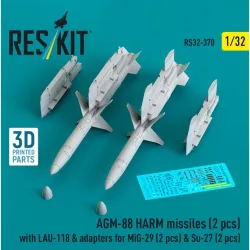 Reskit Rs32-0370 1/32 Agm-88 Harm Missiles 2 Pcs With Lau-118 Adapters For Mig-29 2 Pcs Su-27 2 Pcs 3d Printed