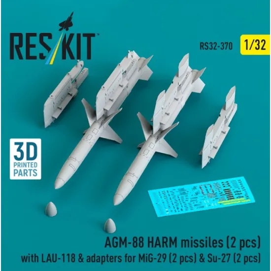 Reskit Rs32-0370 1/32 Agm-88 Harm Missiles 2 Pcs With Lau-118 Adapters For Mig-29 2 Pcs Su-27 2 Pcs 3d Printed