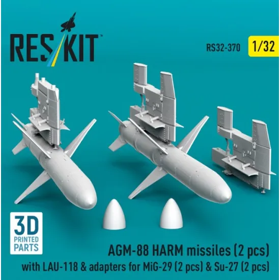 Reskit Rs32-0370 1/32 Agm-88 Harm Missiles 2 Pcs With Lau-118 Adapters For Mig-29 2 Pcs Su-27 2 Pcs 3d Printed