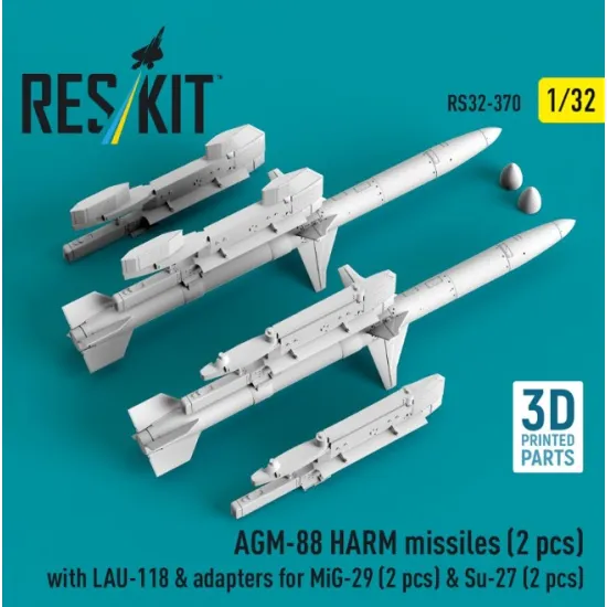 Reskit Rs32-0370 1/32 Agm-88 Harm Missiles 2 Pcs With Lau-118 Adapters For Mig-29 2 Pcs Su-27 2 Pcs 3d Printed