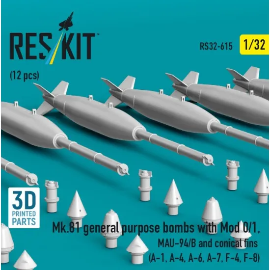 Reskit Rs32-0615 1/32 Mk 81 General Purpose Bombs With Mod 0/1 Mau-94/B And Conical Fins 12 Pcs A-1 A-4 A-6 A-7 F-4 F-8 3d Printed