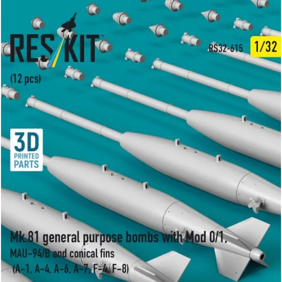 Reskit Rs32-0615 1/32 Mk 81 General Purpose Bombs With Mod 0/1 Mau-94/B And Conical Fins 12 Pcs A-1 A-4 A-6 A-7 F-4 F-8 3d Printed