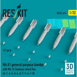 Reskit Rs32-0616 1/32 Mk 81 General Purpose Bombs With Mk 14 Snakeye Retard Fins 12 Pcs A-1 A-4 A-6 A-7 F-4 F-8 3d Printed