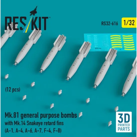 Reskit Rs32-0616 1/32 Mk 81 General Purpose Bombs With Mk 14 Snakeye Retard Fins 12 Pcs A-1 A-4 A-6 A-7 F-4 F-8 3d Printed