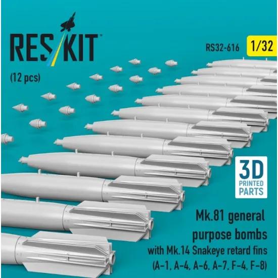 Reskit Rs32-0616 1/32 Mk 81 General Purpose Bombs With Mk 14 Snakeye Retard Fins 12 Pcs A-1 A-4 A-6 A-7 F-4 F-8 3d Printed