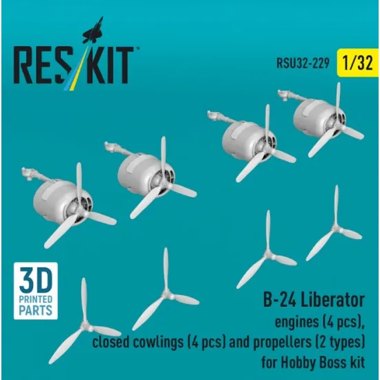 Reskit Rsu32-0229 1/32 B-24 Liberator Engines 4 Pcs Closed Cowlings 4 Pcs And Propellers 2 Types For Hobby Boss Kit 3d Printed