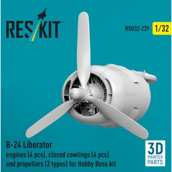 Reskit Rsu32-0229 1/32 B-24 Liberator Engines 4 Pcs Closed Cowlings 4 Pcs And Propellers 2 Types For Hobby Boss Kit 3d Printed