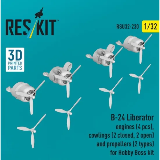 Reskit Rsu32-0230 1/32 B-24 Liberator Engines 4 Pcs Cowlings 2 Closed 2 Open And Propellers 2 Types For Hobby Boss Kit 3d Printed