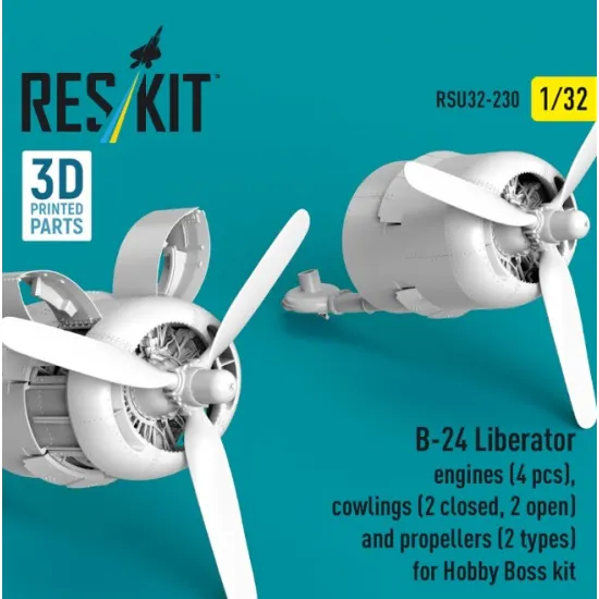 Reskit Rsu32-0230 1/32 B-24 Liberator Engines 4 Pcs Cowlings 2 Closed 2 Open And Propellers 2 Types For Hobby Boss Kit 3d Printed