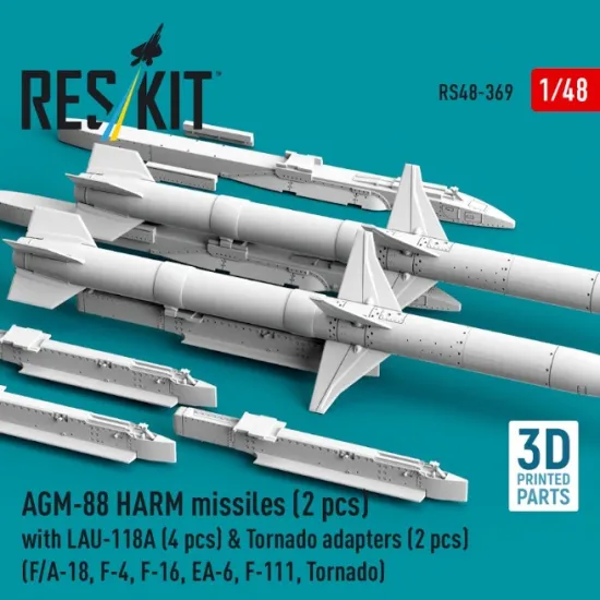 Reskit Rs48-0369 1/48 Agm-88 Harm Missiles 2 Pcs With Lau-118a 4 Pcs Tornado Adapters 2 Pcs F/A-18 F-4 F-16 Ea-6 F-111 Tornado 3d Printed