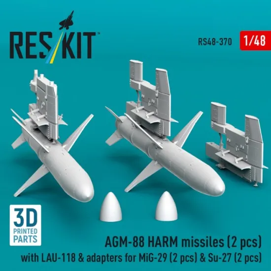 Reskit Rs48-0370 1/48 Agm-88 Harm Missiles 2 Pcs With Lau-118 Adapters For Mig-29 2 Pcs Su-27 2 Pcs 3d Printed