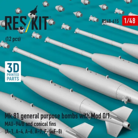 Reskit Rs48-0615 1/48 Mk 81 General Purpose Bombs With Mod 0/1 Mau-94/B And Conical Fins 12 Pcs A-1 A-4 A-6 A-7 F-4 F-8 3d Printed