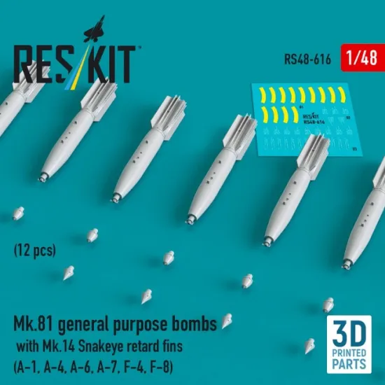 Reskit Rs48-0616 1/48 Mk 81 General Purpose Bombs With Mk 14 Snakeye Retard Fins 12 Pcs A-1 A-4 A-6 A-7 F-4 F-8 3d Printed
