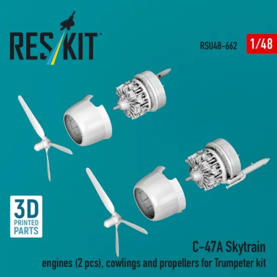 Reskit Rsu48-0662 1/48 C-47a Skytrain Engines 2 Pcs Cowlings And Propellers For Trumpeter Kit 3d Printed