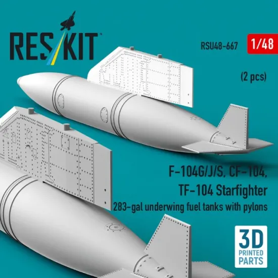 Reskit Rsu48-0667 1/48 F-104g/J/S Cf-104 Tf-104 Starfighter 283-gal Underwing Fuel Tanks With Pylons 2 Pcs 3d Printed