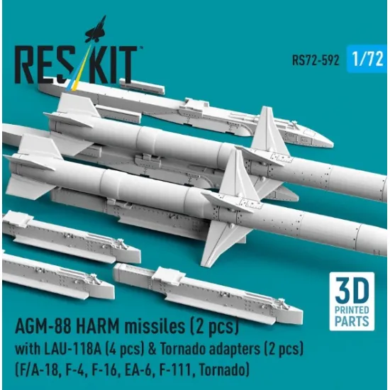 Reskit Rs72-0592 1/72 Agm-88 Harm Missiles 2 Pcs With Lau-118a 4 Pcs Tornado Adapters 2 Pcs F/A-18 F-4 F-16 Ea-6 F-111 Tornado 3d Printed