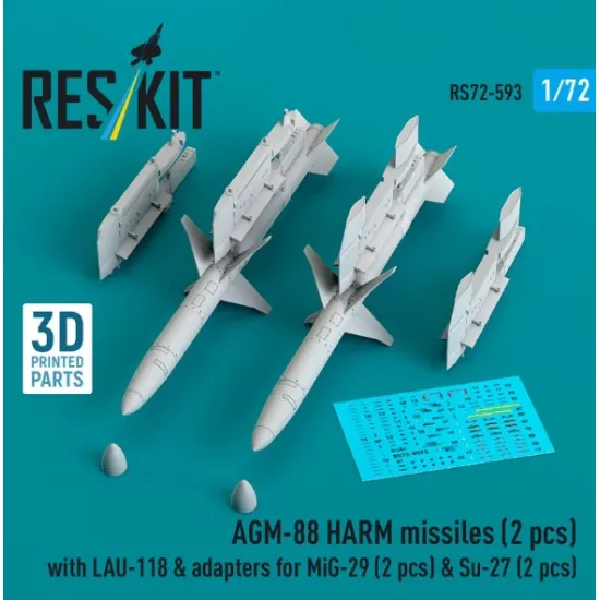 Reskit Rs72-0593 1/72 Agm-88 Harm Missiles 2 Pcs With Lau-118 Adapters For Mig-29 2 Pcs Su-27 2 Pcs 3d Printed