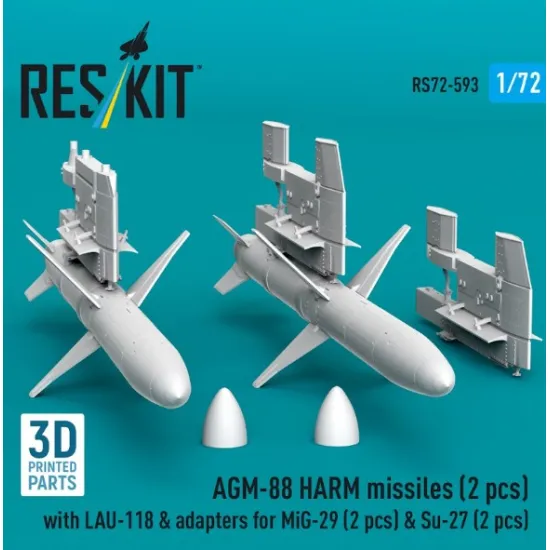 Reskit Rs72-0593 1/72 Agm-88 Harm Missiles 2 Pcs With Lau-118 Adapters For Mig-29 2 Pcs Su-27 2 Pcs 3d Printed