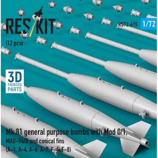 Reskit Rs72-0615 1/72 Mk 81 General Purpose Bombs With Mod 0/1 Mau-94/B And Conical Fins 12 Pcs A-1 A-4 A-6 A-7 F-4 F-8 3d Printed