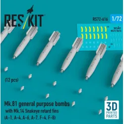 Reskit Rs72-0616 1/72 Mk 81 General Purpose Bombs With Mk 14 Snakeye Retard Fins 12 Pcs A-1 A-4 A-6 A-7 F-4 F-8 3d Printed