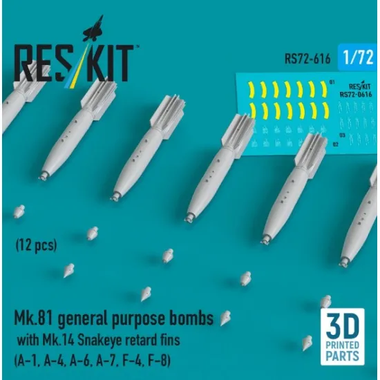 Reskit Rs72-0616 1/72 Mk 81 General Purpose Bombs With Mk 14 Snakeye Retard Fins 12 Pcs A-1 A-4 A-6 A-7 F-4 F-8 3d Printed