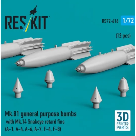 Reskit Rs72-0616 1/72 Mk 81 General Purpose Bombs With Mk 14 Snakeye Retard Fins 12 Pcs A-1 A-4 A-6 A-7 F-4 F-8 3d Printed