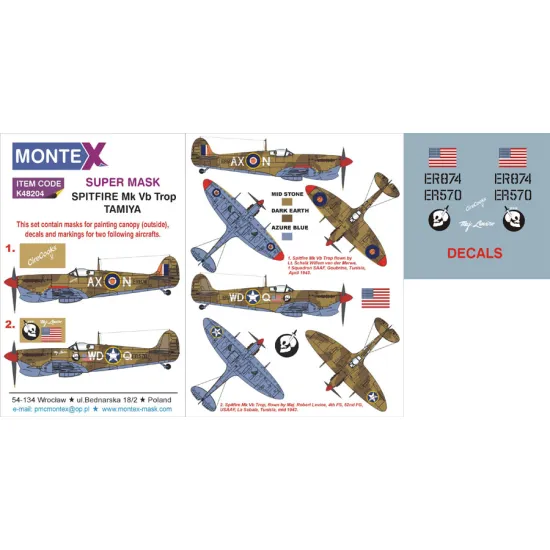 Montex K48204 1/48 Spitfire Mk.vb Trop 1 Canopy Out 1 Insignia Masks Decals For Tamiya