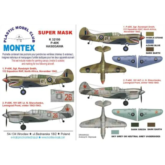 Montex K32150 1/32 P-40k 2 Canopy Mask Out/In 3 Insignia Masks For Hasegawa Kits