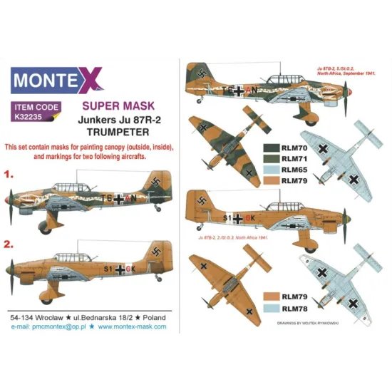 Montex K32235 1/32 Ju 87r-2 2 Canopy Mask Out/In 5 Insignia Masks For Trumpeter Kits