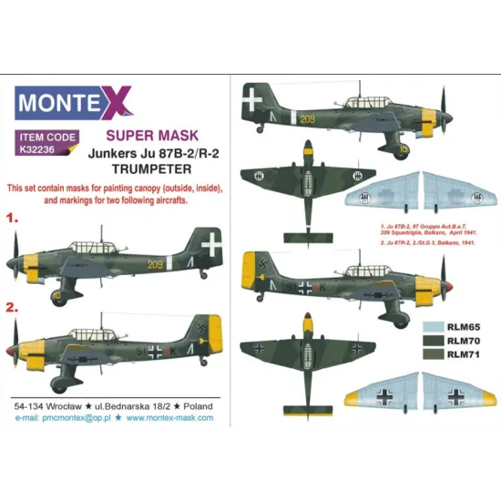 Montex K32236 1/32 Ju 87r-2 R-2 2 Canopy Mask Out/In 4 Insignia Masks For Trumpeter Kits