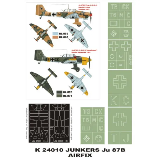 Montex K24010 1/24 Ju-87b 2 Canopy Mask Outside/Inside 5 Insignia Masks Airfix