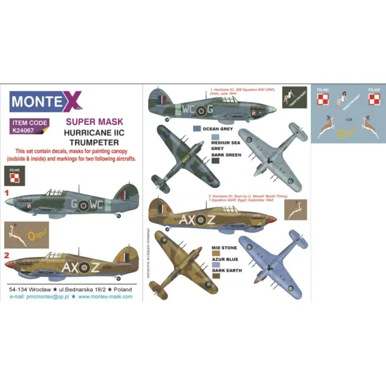Montex K24067 1/24 Hurricane Iic 2 Canopy Out/In 3 Insignia Masks Decals For Trumpeter Kits