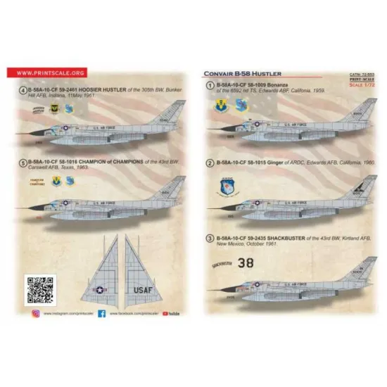 Print Scale 72-553 1/72 Decal For Convair B-58 Hustler