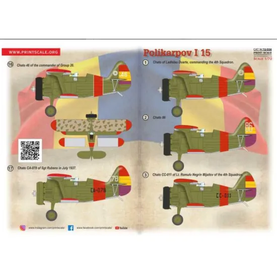 Print Scale 72-556 1/72 Decal For Polikarpov I-15 Chato Republican 1937-1939