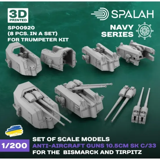 Spalah 00920 1/200 Set Of Scale Models Anti-aircraft Guns 10/5cm Sk C/33 For The Bismarck And Tirpitz For Trumpeter Kits 8 Pcs 3d Printed/Resin