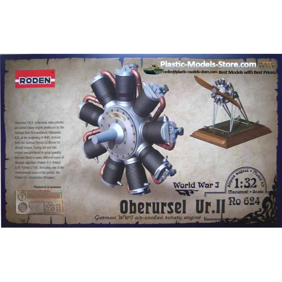 Oberursel Ur.II Fighter Engine with base and PE set WWI 1/32 Roden 624