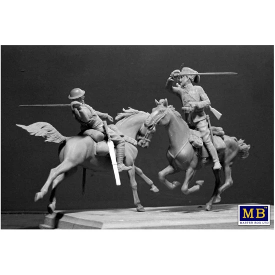 BRITISH AND GERMAN CAVALRYMEN WWI ERA 1/35 MASTER BOX 35184 2 HORSES 2 FIGURES