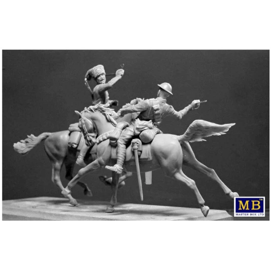 BRITISH AND GERMAN CAVALRYMEN WWI ERA 1/35 MASTER BOX 35184 2 HORSES 2 FIGURES