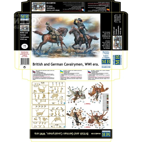 BRITISH AND GERMAN CAVALRYMEN WWI ERA 1/35 MASTER BOX 35184 2 HORSES 2 FIGURES