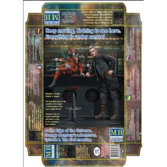 AT THE EDGE OF THE UNIVERSE. STRANGE COMPANYS ADVENTURES. EPISODE I. THE FIRST MEETING. KEEP MOVING, NOTHING TO SEE HERE. EVERYTHING IS UNDER CONTROL PLASTIC MODEL KIT 1/24 MASTER BOX 24034