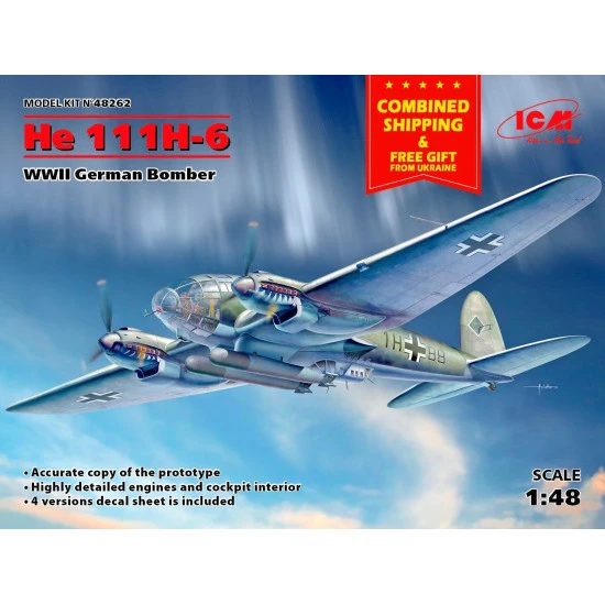 HE 111H-6 WWII GERMAN BOMBER PLASTIC MODEL BUILDING AIRPLANE KIT 1/48 ICM 48262