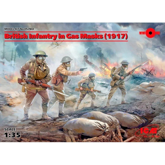BRITISH INFANTRY IN GAS MASKS 1917 (4 FIGURES) 1/35 SCALE ICM 35703