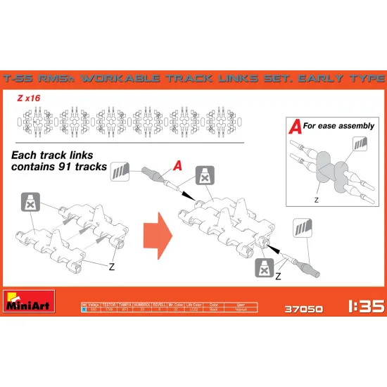 WORKABLE TRACK LINKS FOR T-55 RMSh EARLY TYPE 1/35 MINIART 37050 SCALE MODEL KIT