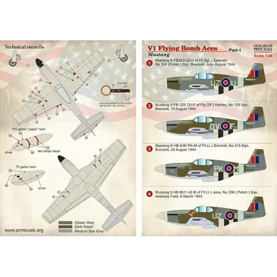 DECAL 1/72 FOR V1 FLYING BOMB ACES MUSTANG PRINT SCALE 48-132