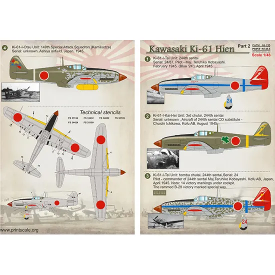 DECAL 1/48 FOR KAWASAKI KI-61 HIEN PART-2 PRINT SCALE 48-135