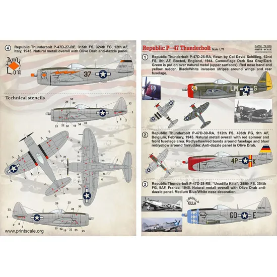 DECAL 1/72 FOR REPUBLIC P-47 THUNDERBOLT PART 1 PRINT SCALE 72-026